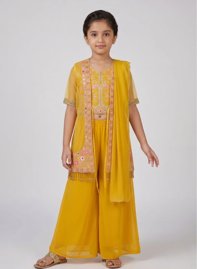 babyqlo Girls Yellow Floral Jacket Sharara Set
