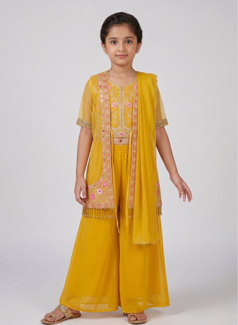 babyqlo Girls Yellow Floral Jacket Sharara Set - Image 1