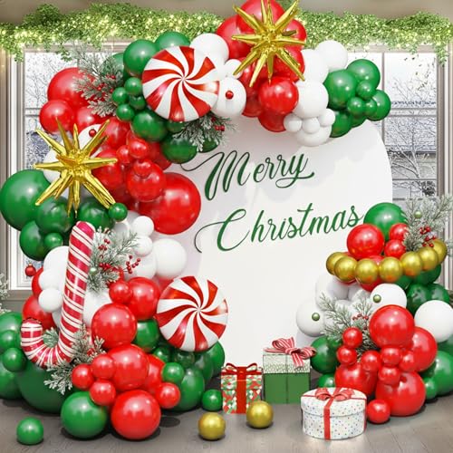 Ceeulvu Christmas Balloon Arch Kit Red Green Gold White Balloon Garland with Star Candy Cane Foil Balloons for Xmas Party - Image 1