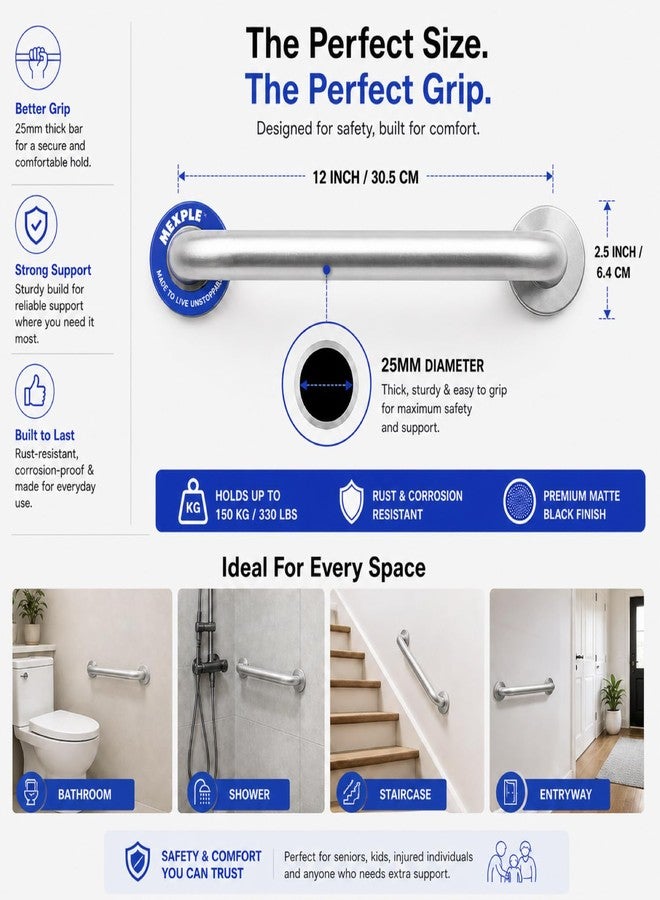 MEXPLE TeXXa12S Stainless Steel Grab Bar for Bathroom | Heavy-Duty Wall Support Handle for Elderly & Safety | Anti-Rust, Anti-Slip Grip | Ideal for Toilet, Shower & Home Safety (12 Inch) - Image 4