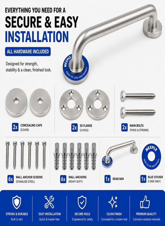 MEXPLE TeXXa12S Stainless Steel Grab Bar for Bathroom | Heavy-Duty Wall Support Handle for Elderly & Safety | Anti-Rust, Anti-Slip Grip | Ideal for Toilet, Shower & Home Safety (12 Inch) - Image 3