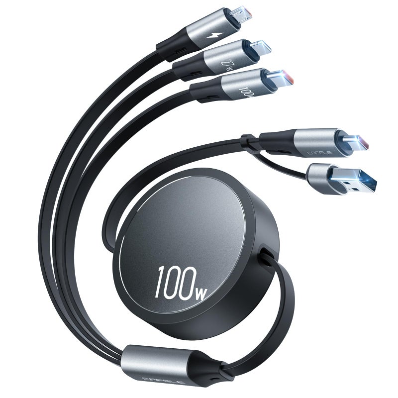 CAFELE 100W Multi Charging Cable, 6-in-1 Retractable USB C/A Cable, 5A Fast Charger Cord for Multiple Devices with Type C/L/Micro Ports for Phone 17 16 15 14 Pro Max, S24/S23, MBook, Pad (3.6ft) - Image 1