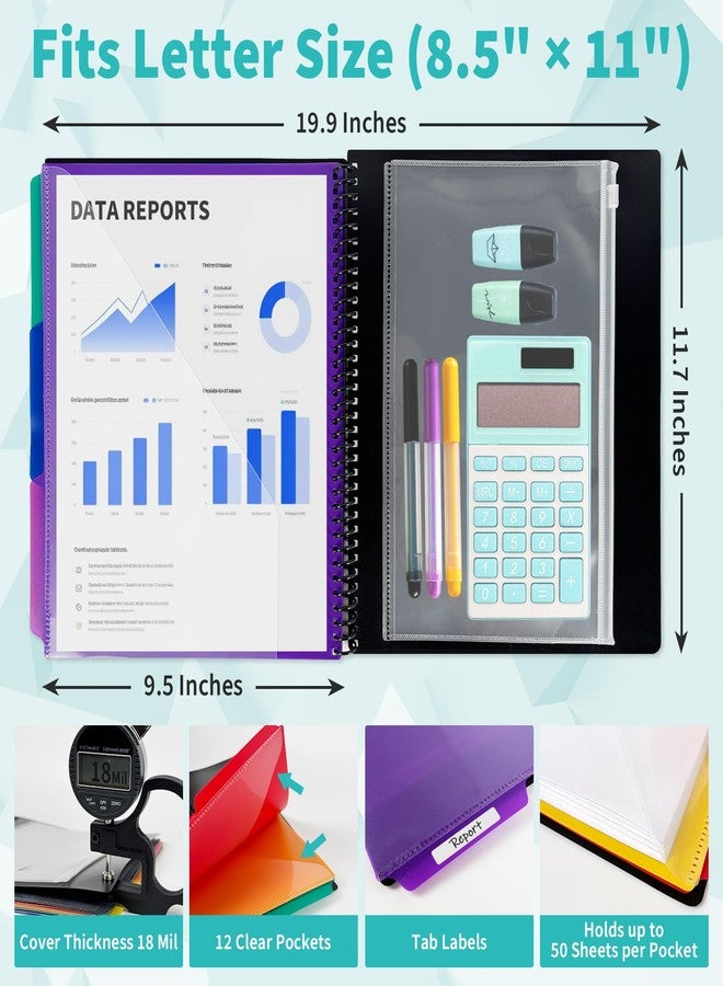 Binditek 12-Pocket Poly Project Organizer, Heavy-Duty Poly Cover, Clear Front Pocket, 6-Color Dividers with 1/3-Cut Tabs, Fixed Zipper Pouch, Letter-Size, Black - Image 2