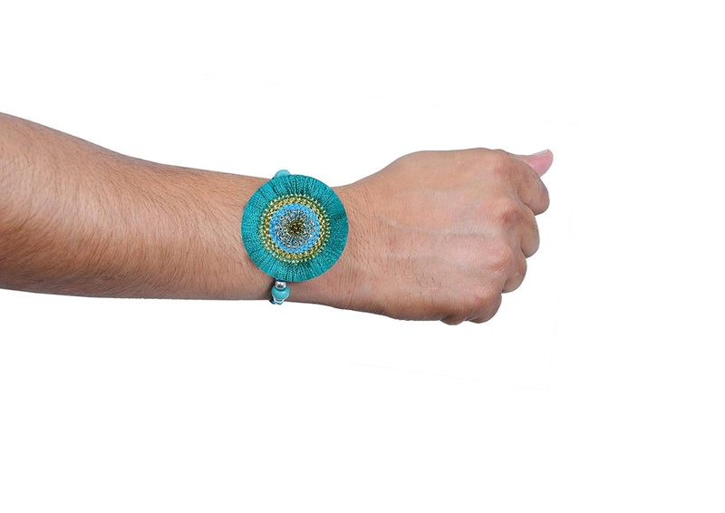 MASQ by Q-One Designer Rakhi Combo Set with Roli Chawal & Moli for Men (Pack of 3) | Embroidered Handcrafted Raksha Bandhan Bracelet for Brother - Image 2