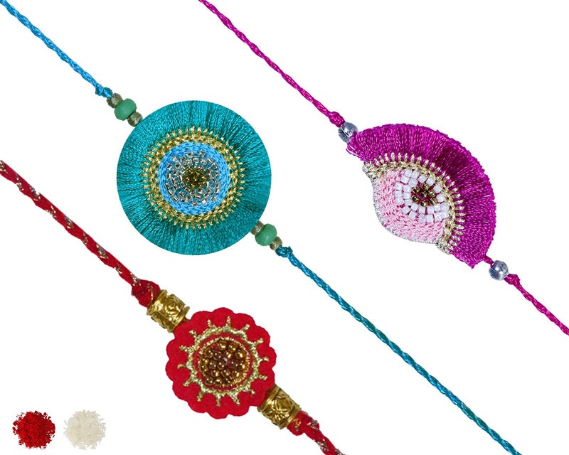 MASQ by Q-One Designer Rakhi Combo Set with Roli Chawal & Moli for Men (Pack of 3) | Embroidered Handcrafted Raksha Bandhan Bracelet for Brother - Image 1
