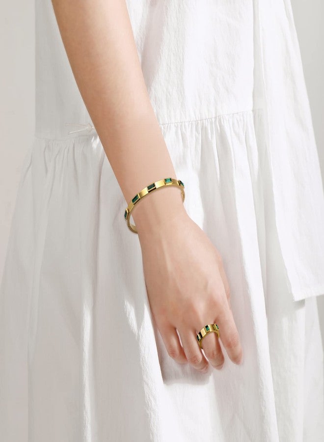 JINHUI Green Emerald Ring for Women, 18k Gold Plated Green Gemstone Ring Band, Dainty Birthstone Ring Jewelry Christmas Gift for Her (Size 7). - Image 2