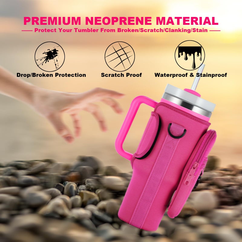 BULKITEM 30oz Water Bottle Carrier Bag with Phone Pocket for Pink Stanley 30 oz Tumbler with Handle, Hot Pink Insulated Neoprene Cup Holder Pouch Strap for Valentines Stanley Cup Accessories - Image 3