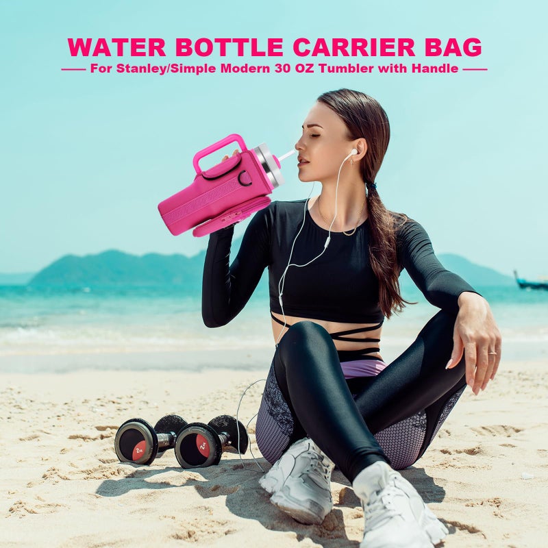 BULKITEM 30oz Water Bottle Carrier Bag with Phone Pocket for Pink Stanley 30 oz Tumbler with Handle, Hot Pink Insulated Neoprene Cup Holder Pouch Strap for Valentines Stanley Cup Accessories - Image 2