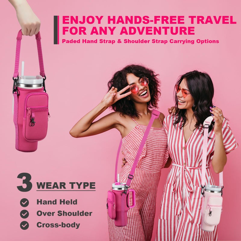 BULKITEM 30oz Water Bottle Carrier Bag with Phone Pocket for Pink Stanley 30 oz Tumbler with Handle, Hot Pink Insulated Neoprene Cup Holder Pouch Strap for Valentines Stanley Cup Accessories - Image 5