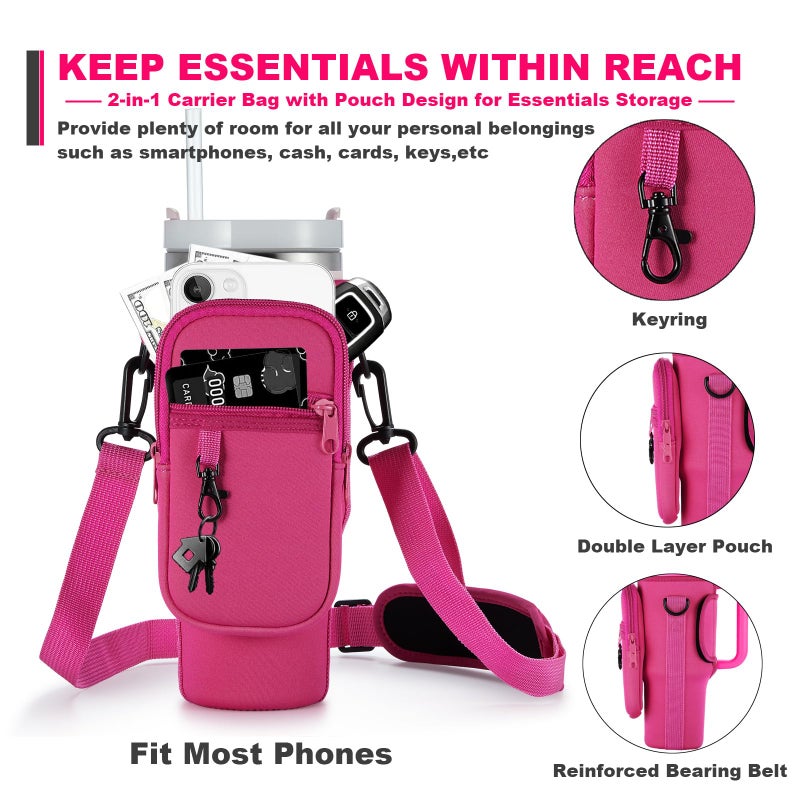 BULKITEM 30oz Water Bottle Carrier Bag with Phone Pocket for Pink Stanley 30 oz Tumbler with Handle, Hot Pink Insulated Neoprene Cup Holder Pouch Strap for Valentines Stanley Cup Accessories - Image 4