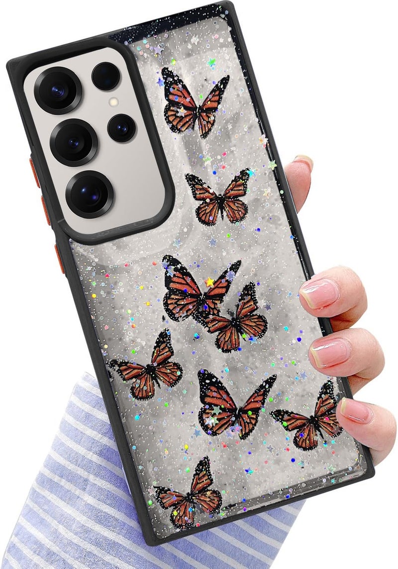 VONZEE for Samsung Galaxy S25 Ultra Clear Glitter Butterfly Case, Cute Bling Sparkle Shiny Soft Silicone TPU Bumper Shockproof Women Girls Slim Protective Phone Cover for Galaxy S25 Ultra, Black - Image 1
