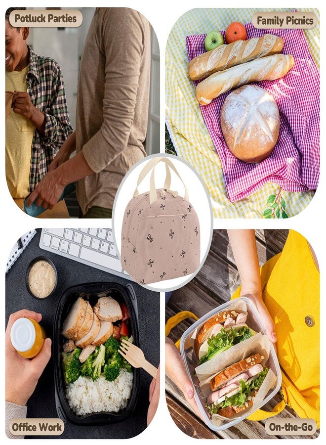 Baglemon Lunch Bag for Women Men Cute Corduroy Lunch Tote Bags Reusable Insulated Lunch Box Large Capacity Reusable Insulated Cooler for Work/Picnic/Travel (PinkBow) - Image 2