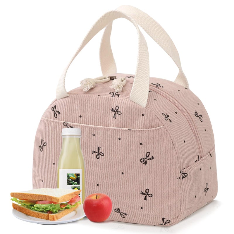 Baglemon Lunch Bag for Women Men Cute Corduroy Lunch Tote Bags Reusable Insulated Lunch Box Large Capacity Reusable Insulated Cooler for Work/Picnic/Travel (PinkBow) - Image 1
