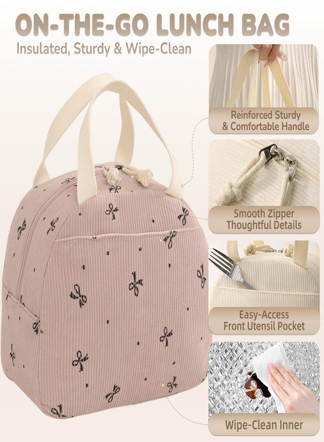 Baglemon Lunch Bag for Women Men Cute Corduroy Lunch Tote Bags Reusable Insulated Lunch Box Large Capacity Reusable Insulated Cooler for Work/Picnic/Travel (PinkBow) - Image 3