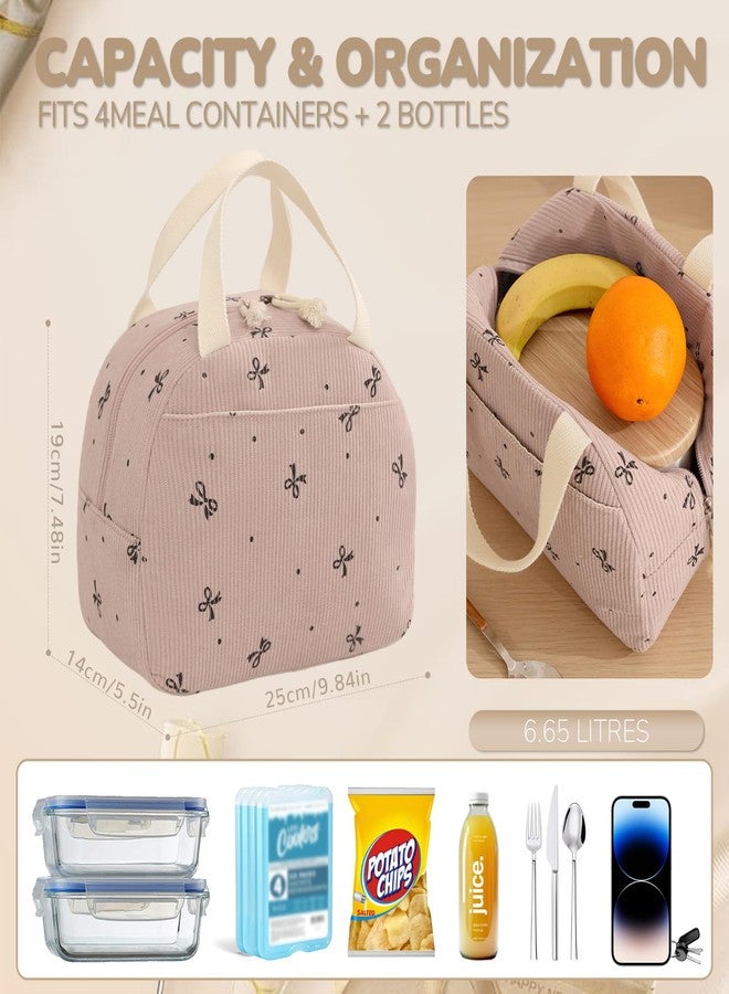 Baglemon Lunch Bag for Women Men Cute Corduroy Lunch Tote Bags Reusable Insulated Lunch Box Large Capacity Reusable Insulated Cooler for Work/Picnic/Travel (PinkBow) - Image 5