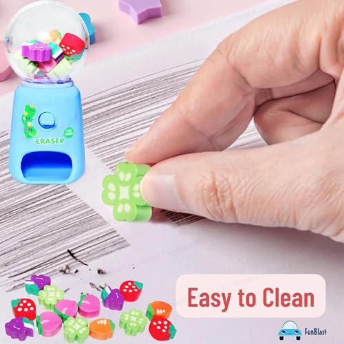 FunBlast Machine Eraser Set – 15 Pcs Fruit Shaped Eraser Dispenser Toy, Mini Kawaii Erasers for Kids, Fancy Erasers for School & Office, Stationery Supplies, Birthday Return Gift for Kids (Pink) - Image 3