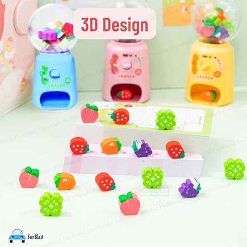 FunBlast Machine Eraser Set – 15 Pcs Fruit Shaped Eraser Dispenser Toy, Mini Kawaii Erasers for Kids, Fancy Erasers for School & Office, Stationery Supplies, Birthday Return Gift for Kids (Pink) - Image 4