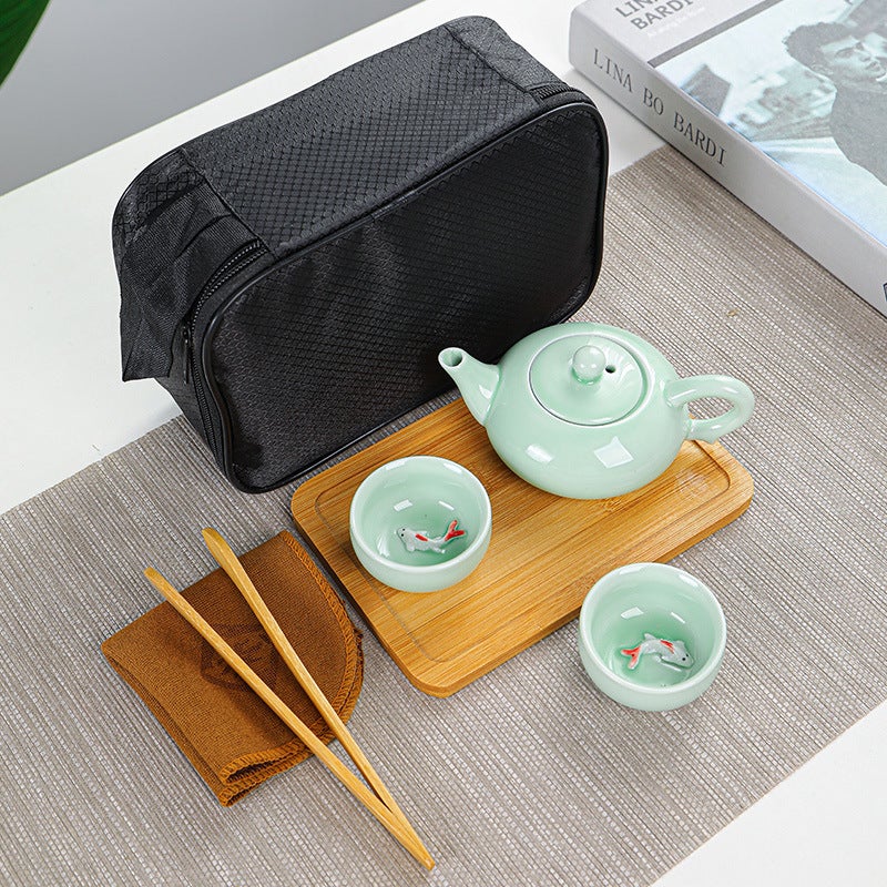 Portable travel tea set celadon small fish set wedding opening real estate gift can be printed Logo One pot and two cups small black bag with tea towel tea clip tea tray