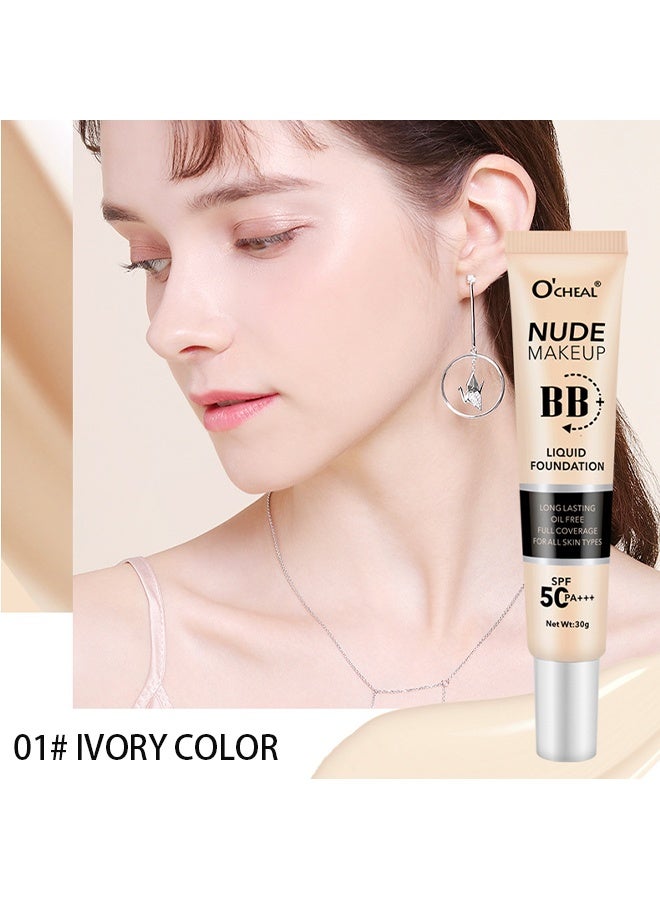 OCHEAL BB Liquid Foudation,BB Cream with SPF 50+++, Full Coverage Tinted Moisturizer with Buildable Concealer Powder Foundation, Oil-Free, Hydrating & Matte Finish | Vegan, Cruelty-Free, for All Skin Types - 01#Ivory - Image 2
