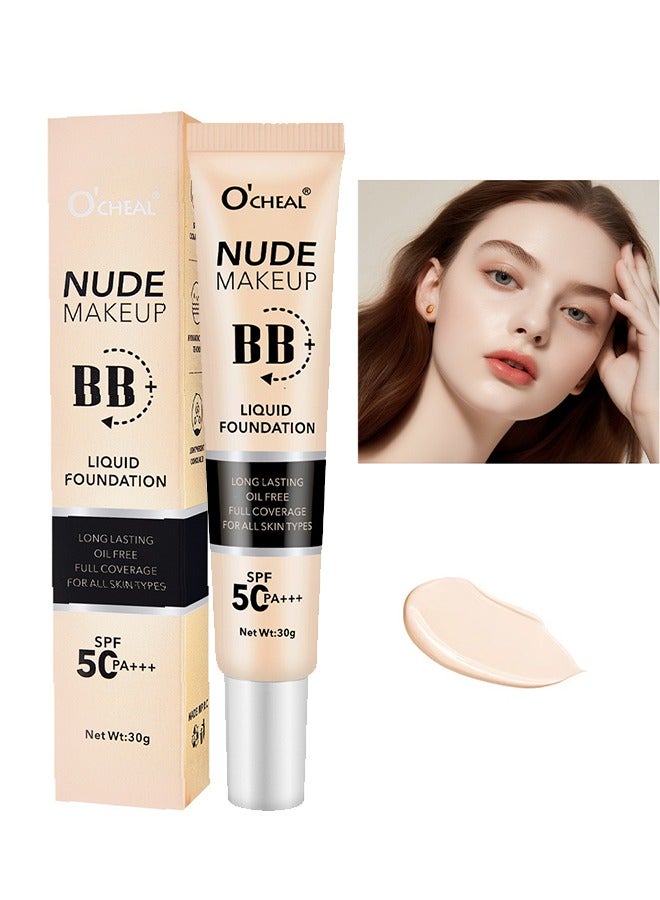OCHEAL BB Liquid Foudation,BB Cream with SPF 50+++, Full Coverage Tinted Moisturizer with Buildable Concealer Powder Foundation, Oil-Free, Hydrating & Matte Finish | Vegan, Cruelty-Free, for All Skin Types - 01#Ivory - Image 1