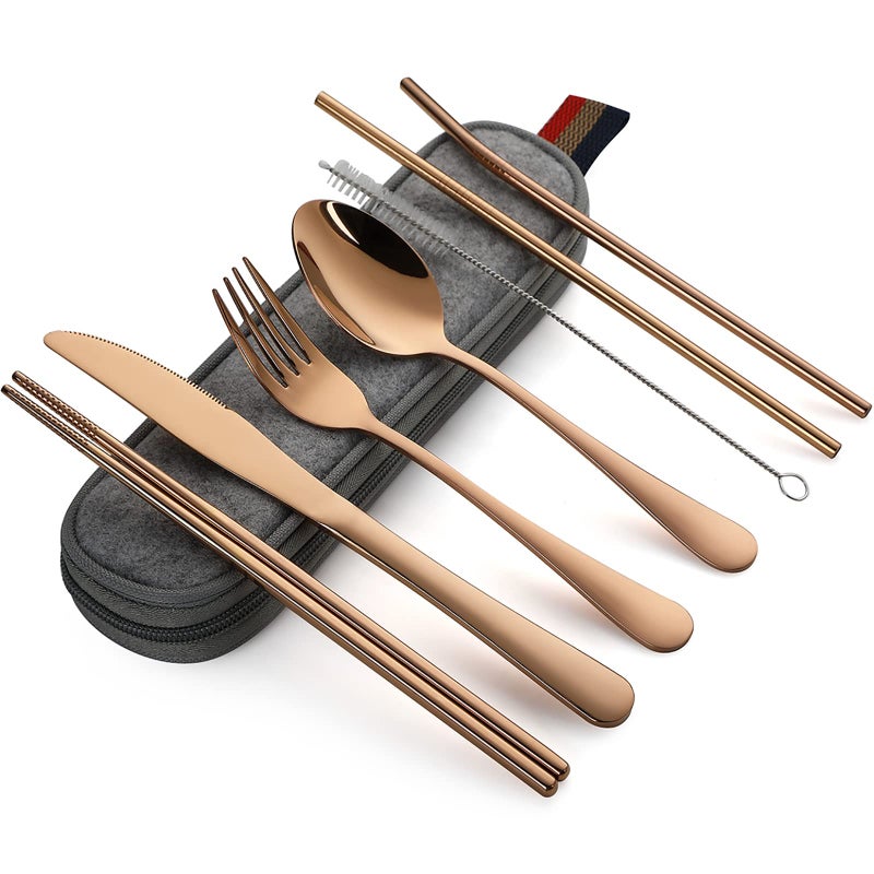 DEVICO Portable Utensils Travel Camping Cutlery Set 8Piece including Knife Fork Spoon Chopsticks Cleaning Brush Straws Portable Case Stainless Steel Flatware set Rose Gold