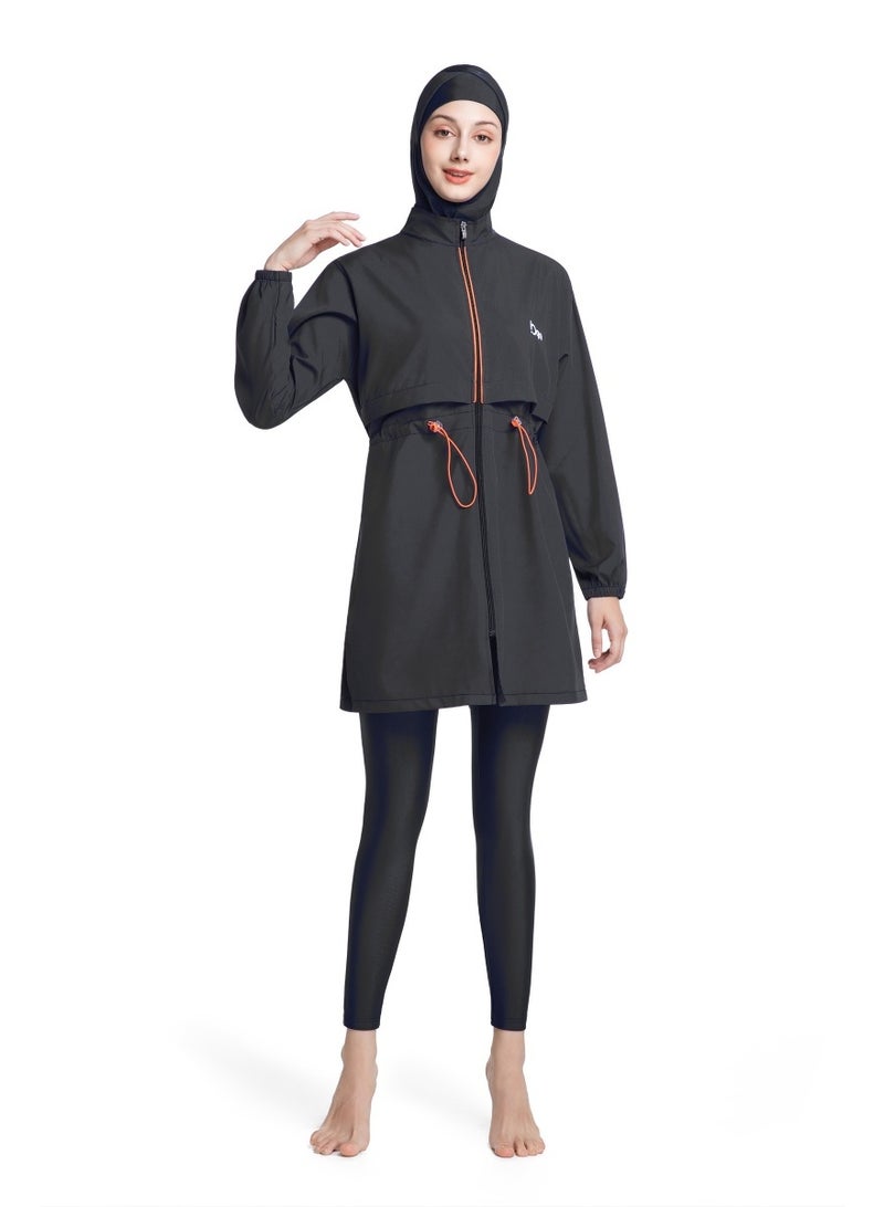 طقم سباحة محافظ من ثلاثة قطع للنساء المسلمات، صيفي، مريح، مضاد للأشعة فوق البنفسجية، بأكمام طويلة وسحّاب، ملابس شاطئية خفيفة الوزن... - Image 3