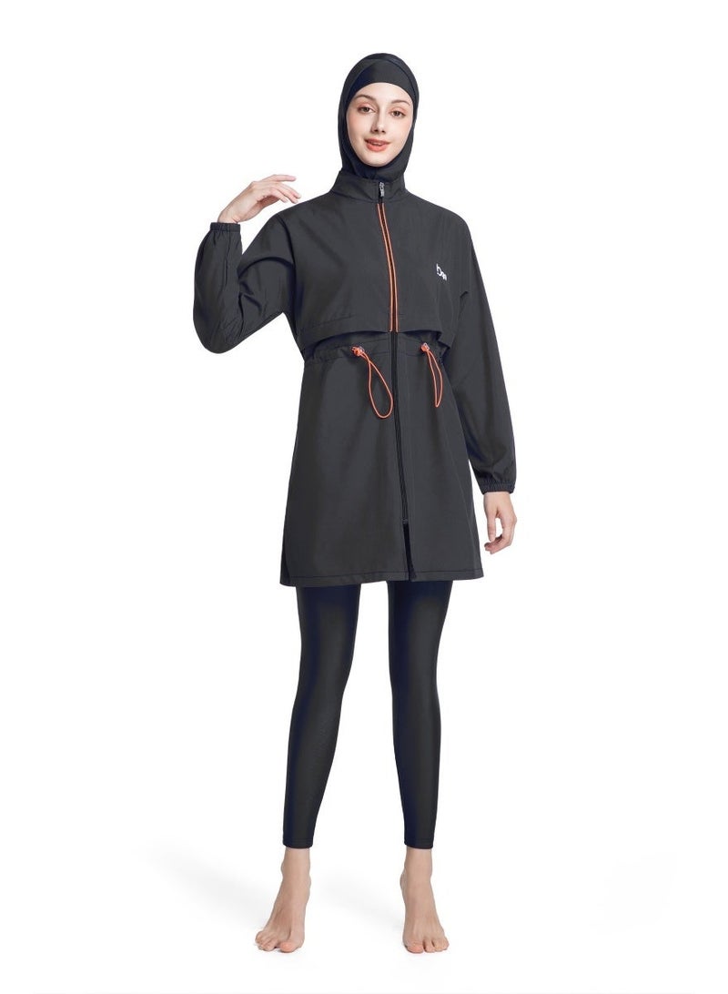3-Piece Muslim Women's Conservative Swimwear Set Summer Casual Comfortable UV Protection Long Sleeve Zip-Up Swimsuit Lightweight Beach Attire - Image 4