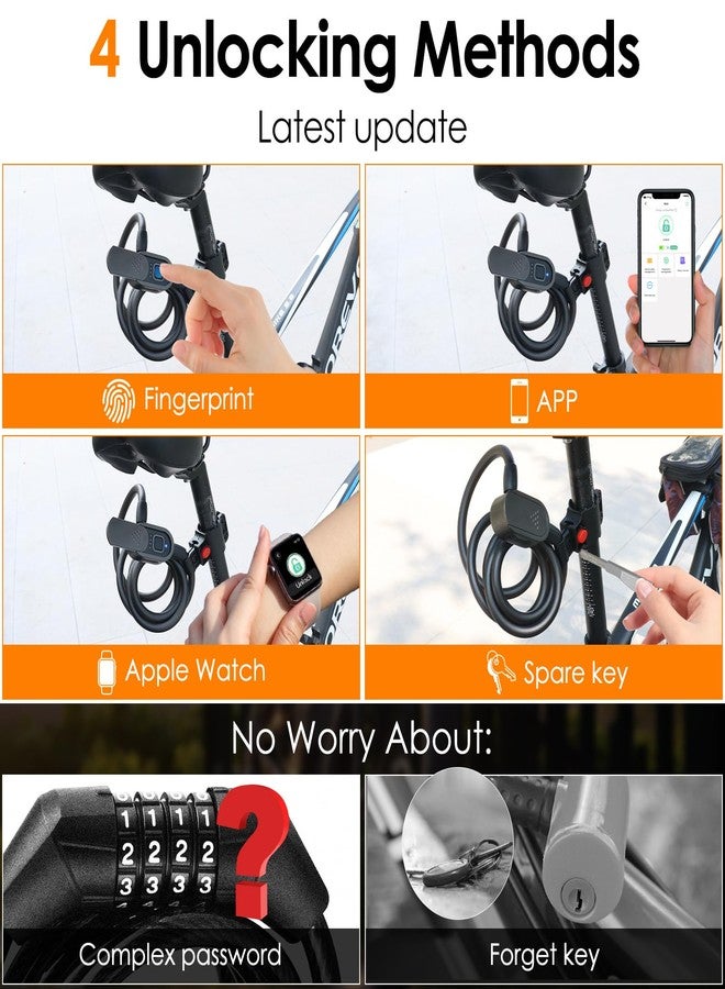 Eseesmart Fingerprint Bike Lock Cable, Eseesmart Keyless Bike Lock Chain Heavy Duty Anti-Theft Bicycle Lock Waterproof 1.5M Stainless Steel Cable Bike Lock with Mounting Bracket (Black, 4.92Feet Long) - Image 2