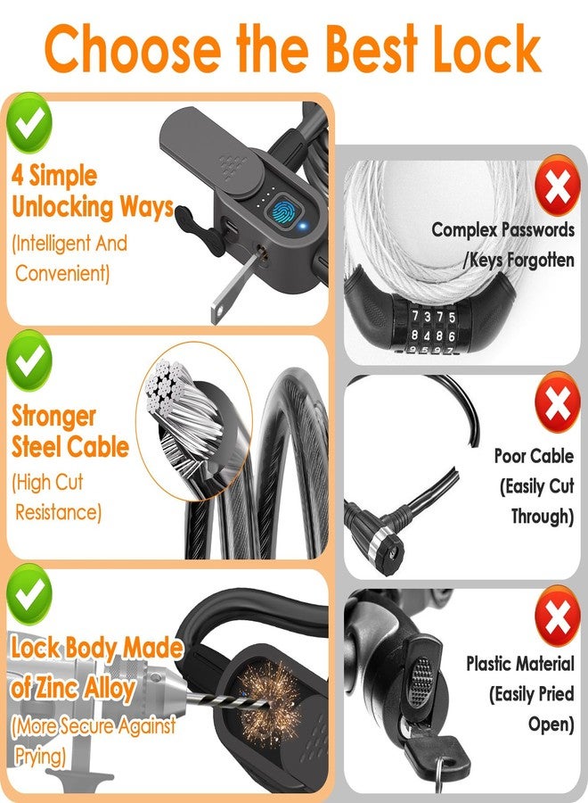Eseesmart Fingerprint Bike Lock Cable, Eseesmart Keyless Bike Lock Chain Heavy Duty Anti-Theft Bicycle Lock Waterproof 1.5M Stainless Steel Cable Bike Lock with Mounting Bracket (Black, 4.92Feet Long) - Image 5