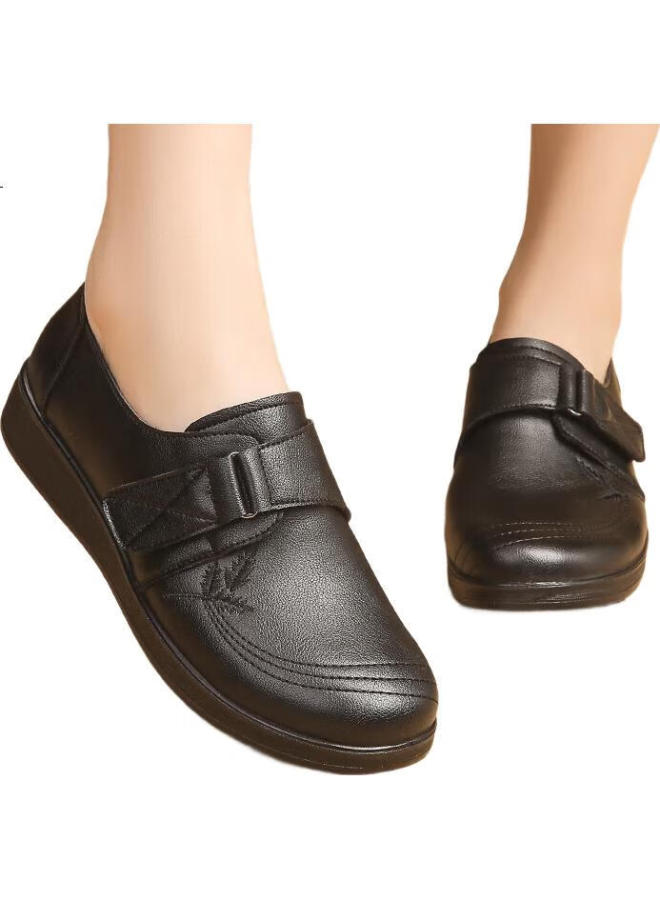 Egchi Mom Shoes Casual Top Layer Cowhide Soft Bottom Single Shoes Non-Slip Flat Bottom Walking Leather Shoes H2168 Black 35 - Image 2