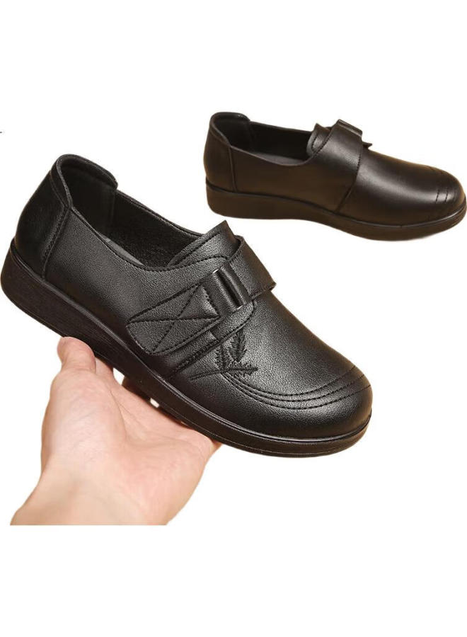 Egchi Mom Shoes Casual Top Layer Cowhide Soft Bottom Single Shoes Non-Slip Flat Bottom Walking Leather Shoes H2168 Black 35 - Image 1