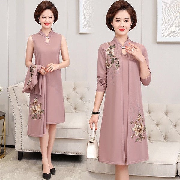 2023 New Middle-aged Mothers Spring and Summer Dress 50-year-old Middle-aged and Elderly Womens Coat Western Style Large Size Two-piece Suit Pink