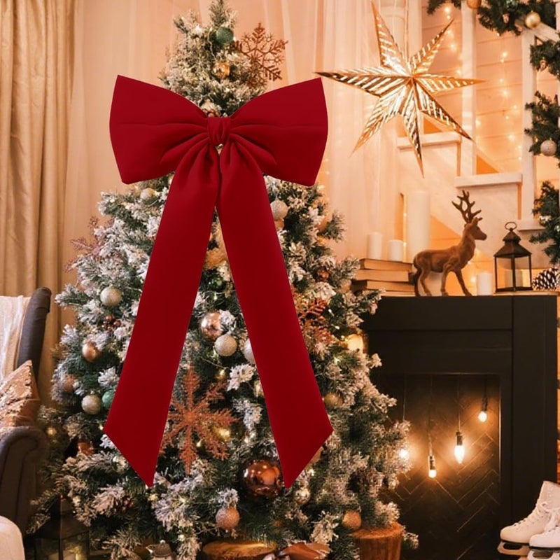 Celltestria Large Christmas Bow Ornament 15x30 Inch Velvet Giant Wreath Bows Xmas Tree Topper Ribbon Hanging Bows for Christmas Holiday Home Wall Outdoor Indoor Party Garland Crafts Decoration(Red) - Image 2