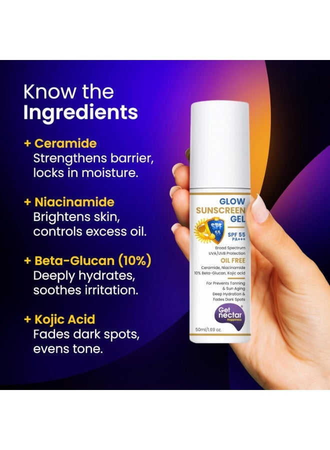 Get Nectar Happiness Glow Sunscreen Gel SPF 55 PA+++ | For Oily, Dry, Acne-prone Skin | Ultra Lightweight Texture I Non-Greasy I No White Cast | Broad Spectrum Protection & Fades Dark Spots 50ml (1) - Image 4