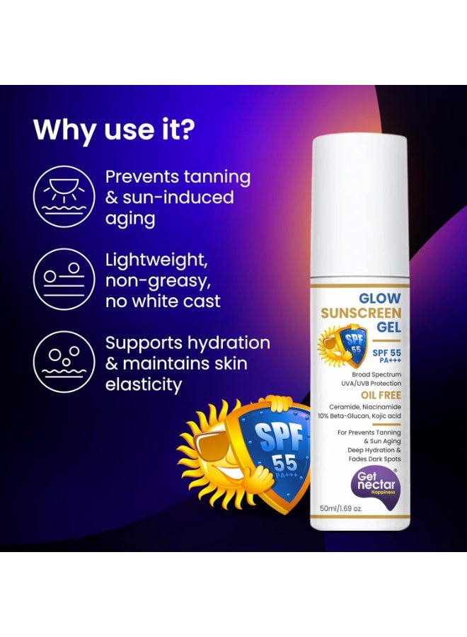 Get Nectar Happiness Glow Sunscreen Gel SPF 55 PA+++ | For Oily, Dry, Acne-prone Skin | Ultra Lightweight Texture I Non-Greasy I No White Cast | Broad Spectrum Protection & Fades Dark Spots 50ml (1) - Image 2