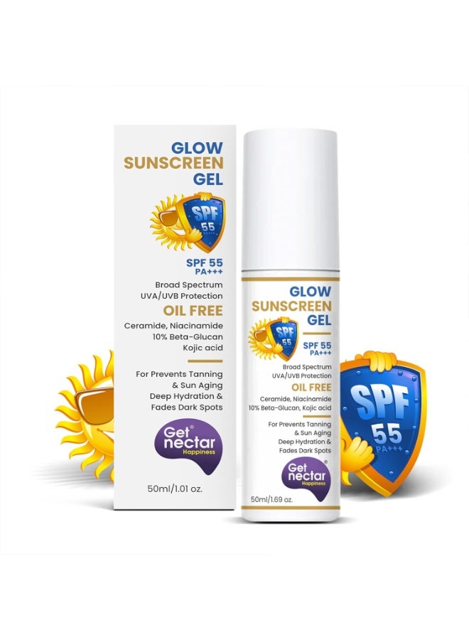 Get Nectar Happiness Glow Sunscreen Gel SPF 55 PA+++ | For Oily, Dry, Acne-prone Skin | Ultra Lightweight Texture I Non-Greasy I No White Cast | Broad Spectrum Protection & Fades Dark Spots 50ml (1) - Image 1