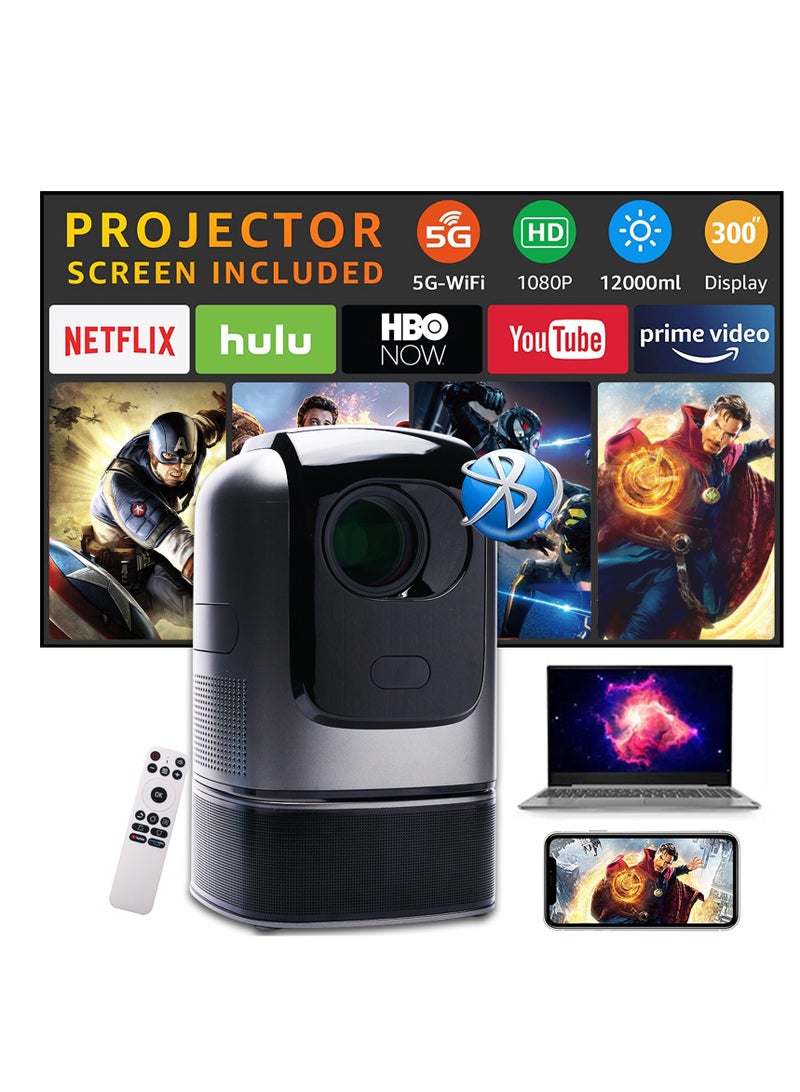Portable Mini Home Projector with Stand, WiFi Bluetooth 4K 1080P HD Outdoor Projector for Home Video, 5W Speaker, Mobile Screen Mirroring, 360° Surround Sound, Home Movie Entertainment  - Image 1