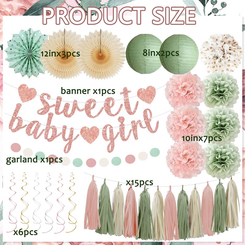 IHEPYQ Sage Green and Blush Pink Baby Shower Decorations - Sweet Baby Girl Banner, Olive Green Lanterns, Streamers, Tissue Pom Poms, Paper Fans, Pink Beige Boho Paper Tassel, Rustic Backdrop Decor - Image 3