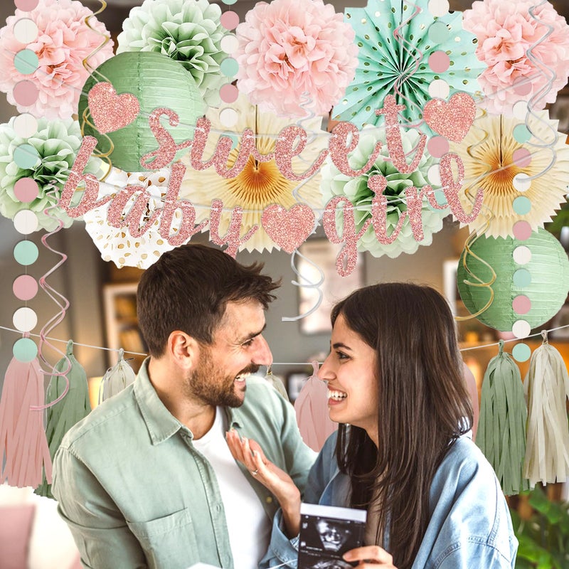 IHEPYQ Sage Green and Blush Pink Baby Shower Decorations - Sweet Baby Girl Banner, Olive Green Lanterns, Streamers, Tissue Pom Poms, Paper Fans, Pink Beige Boho Paper Tassel, Rustic Backdrop Decor - Image 5