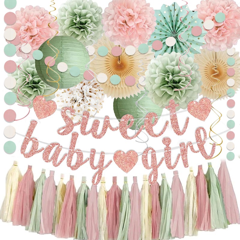 IHEPYQ Sage Green and Blush Pink Baby Shower Decorations - Sweet Baby Girl Banner, Olive Green Lanterns, Streamers, Tissue Pom Poms, Paper Fans, Pink Beige Boho Paper Tassel, Rustic Backdrop Decor - Image 1