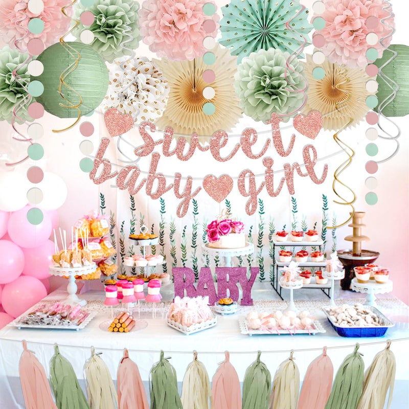 IHEPYQ Sage Green and Blush Pink Baby Shower Decorations - Sweet Baby Girl Banner, Olive Green Lanterns, Streamers, Tissue Pom Poms, Paper Fans, Pink Beige Boho Paper Tassel, Rustic Backdrop Decor - Image 2