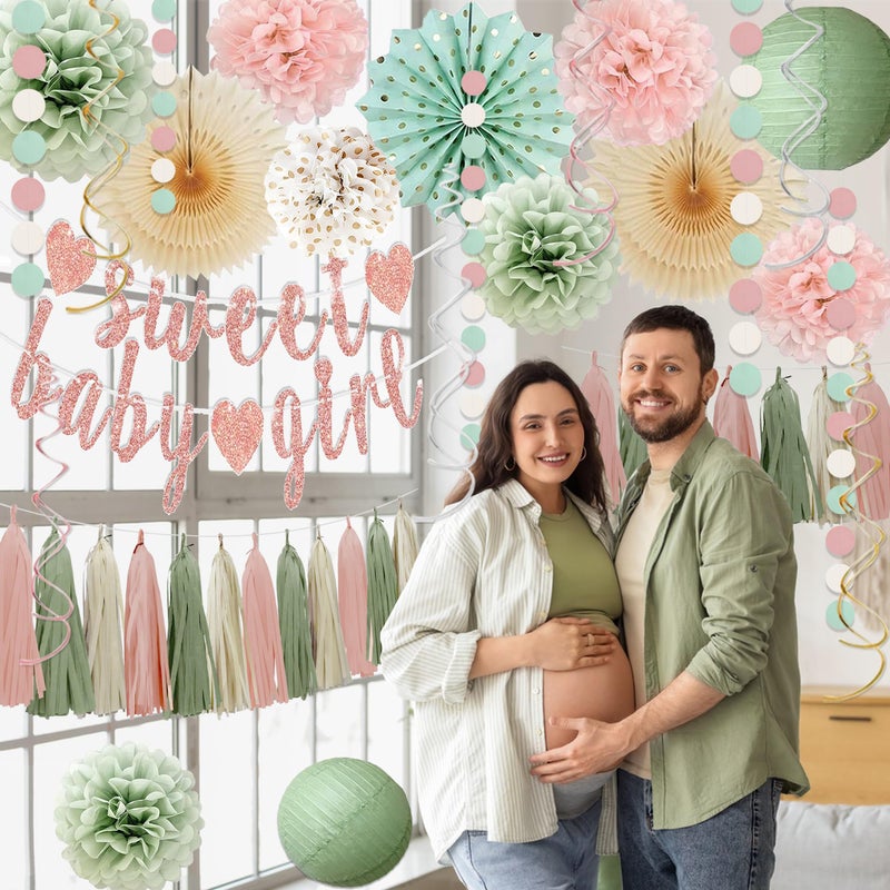 IHEPYQ Sage Green and Blush Pink Baby Shower Decorations - Sweet Baby Girl Banner, Olive Green Lanterns, Streamers, Tissue Pom Poms, Paper Fans, Pink Beige Boho Paper Tassel, Rustic Backdrop Decor - Image 4