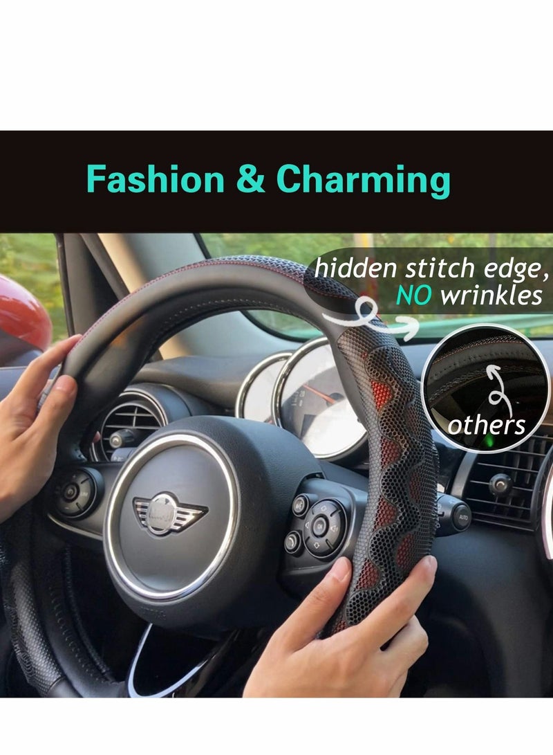Excefore Steering Wheel Cover Universal 15 inch, Microfiber Leather Viscose, Great Grip with 3D Honeycomb Anti-Slip Design, Red - Image 2
