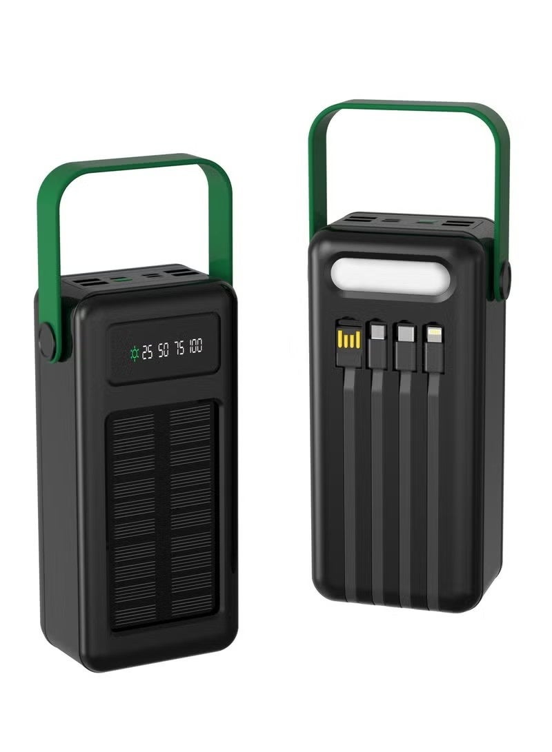 GreenLion Solar Power Bank 50000mAh with Integrated Cables, Always on Display, 4 USB-A Ports, Power Bank 50000mAh, Type-C, Lightning, Micro Cable Output, USB-C, Lightning, Micro, USB Cable Input, Polymer Battery - Black - Image 1