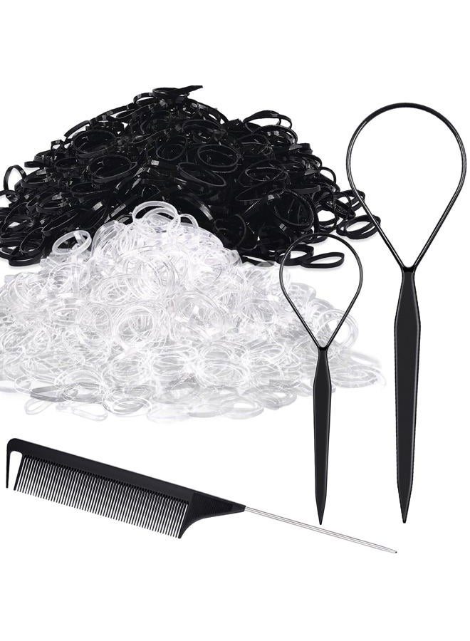 IKOCO Topsy Tail Hair Styling Set, IKOCO - 1000pcs Hair Elastics (500 Clear, 500 Black), 2 Loop Tools, 1 Rat Tail Comb - Image 1