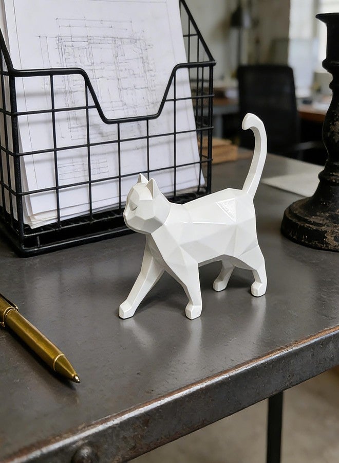 Cynkeyee Geometric Knick Knacks Cat Statue - Modern Resin Sculpture for Home Decor Minimalist Bookshelf Desk Figurine Small White Trinkets for Shelf Decor Office Decoration Accent 6x5x1.6 Inches - Image 5