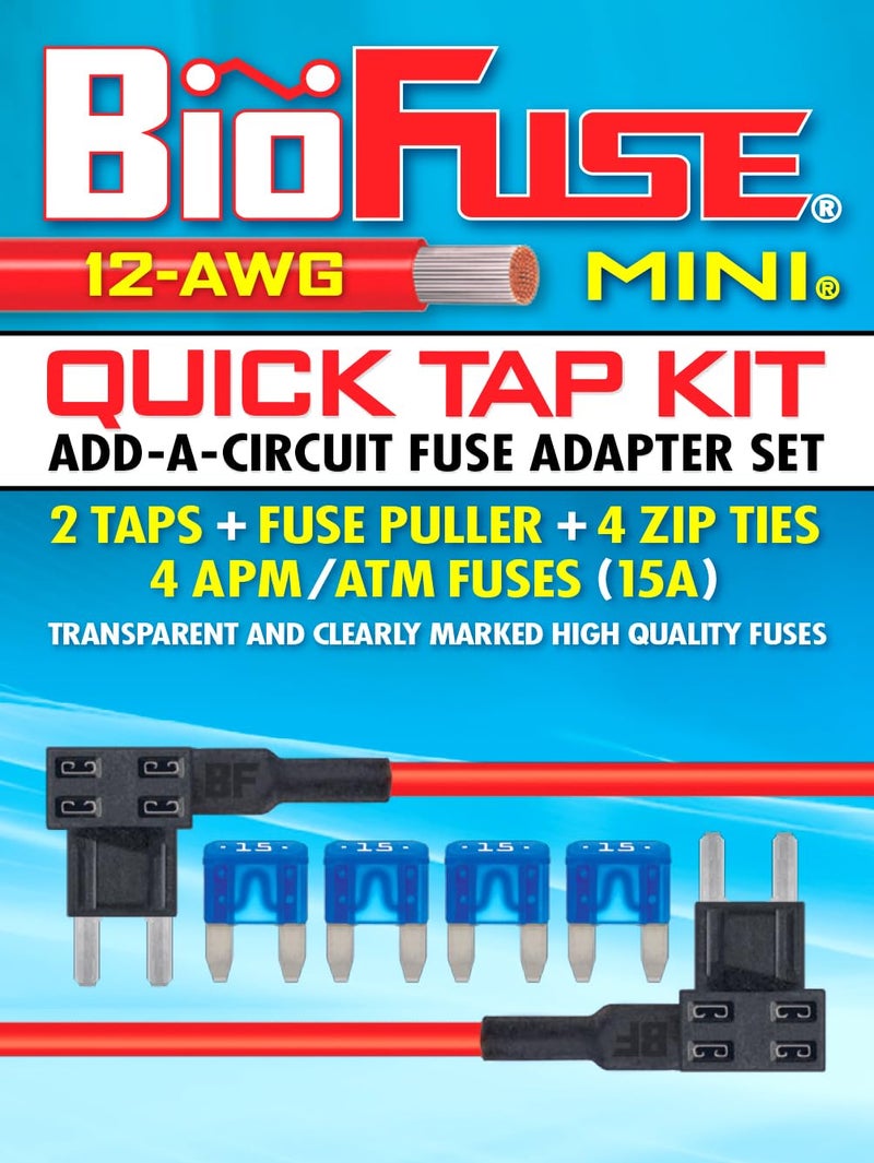 BIOFUSE مجموعة BioFuse 12 AWG Mini APM ATM Quick TAP: 2 محولات إضافة دائرة لسيارة، 4 (15A) فيوزات شفرات، 4 أربطة سحاب + أداة سحب الفيوز - Image 2
