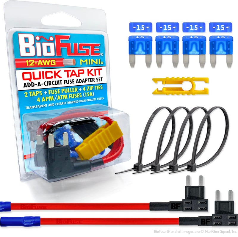 BIOFUSE مجموعة BioFuse 12 AWG Mini APM ATM Quick TAP: 2 محولات إضافة دائرة لسيارة، 4 (15A) فيوزات شفرات، 4 أربطة سحاب + أداة سحب الفيوز - Image 1