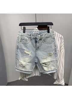 2023 Summer Trendy Denim Shorts Scratchy Ripped Side Seam Cat Whisker Patchwork Five-point Midshippers Casual Style Light Blue