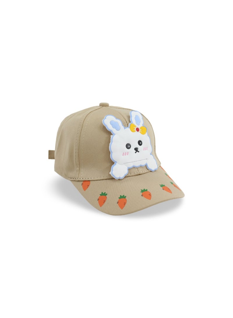 Fancy Girls Cotton Cap – Beige with Rabbit and Carrots Design - Image 1